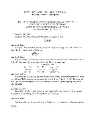 Đề thi môn Lý thuyết chuyên môn nghề May-Thiết kế thời trang - Đề số 22