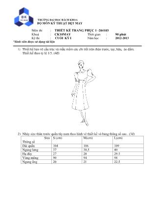 Đề thi Thiết kế trang phục 1 - Học kì I - Năm học 2012-2013