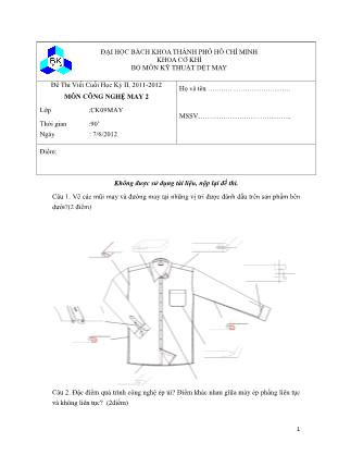 Đề thi Viết môn Công nghệ may II - Học kì 2