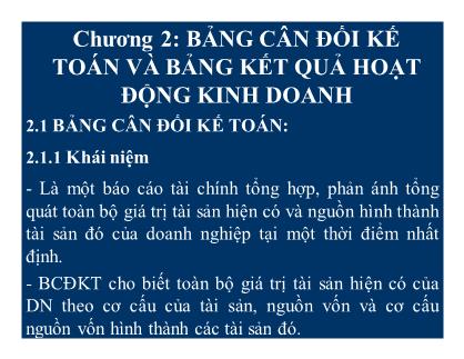 Giáo trình môn học Nguyên lý kế toán - Chương 2: Bảng cân đối kế toán và bảng kết quả hoạt động kinh doanh